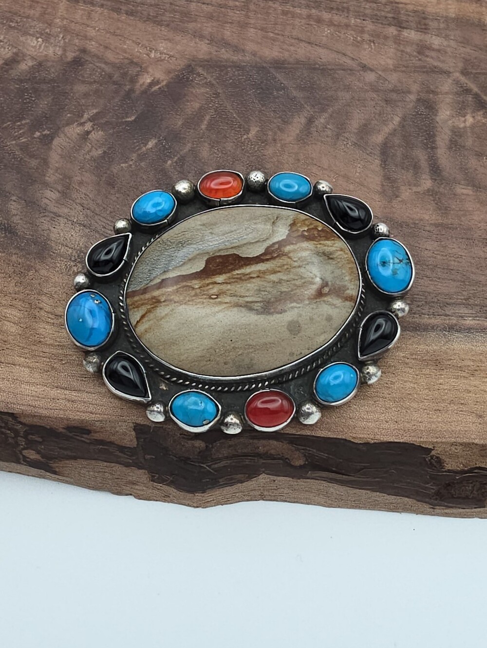 Vtg Native American Navajo 925 Sterling Silver Scenic Jasper Turquoise Brooch